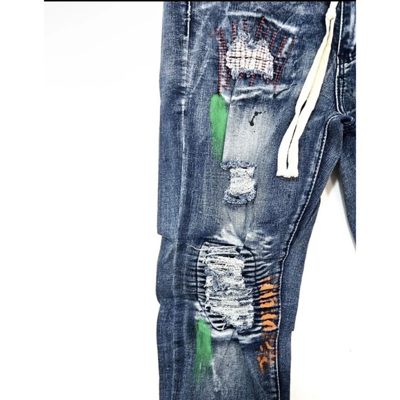 Rue21 Premium Men Skinny Jeans Distressed Patched Paint Splatter Blue 32x32 - Picture 6 of 8
